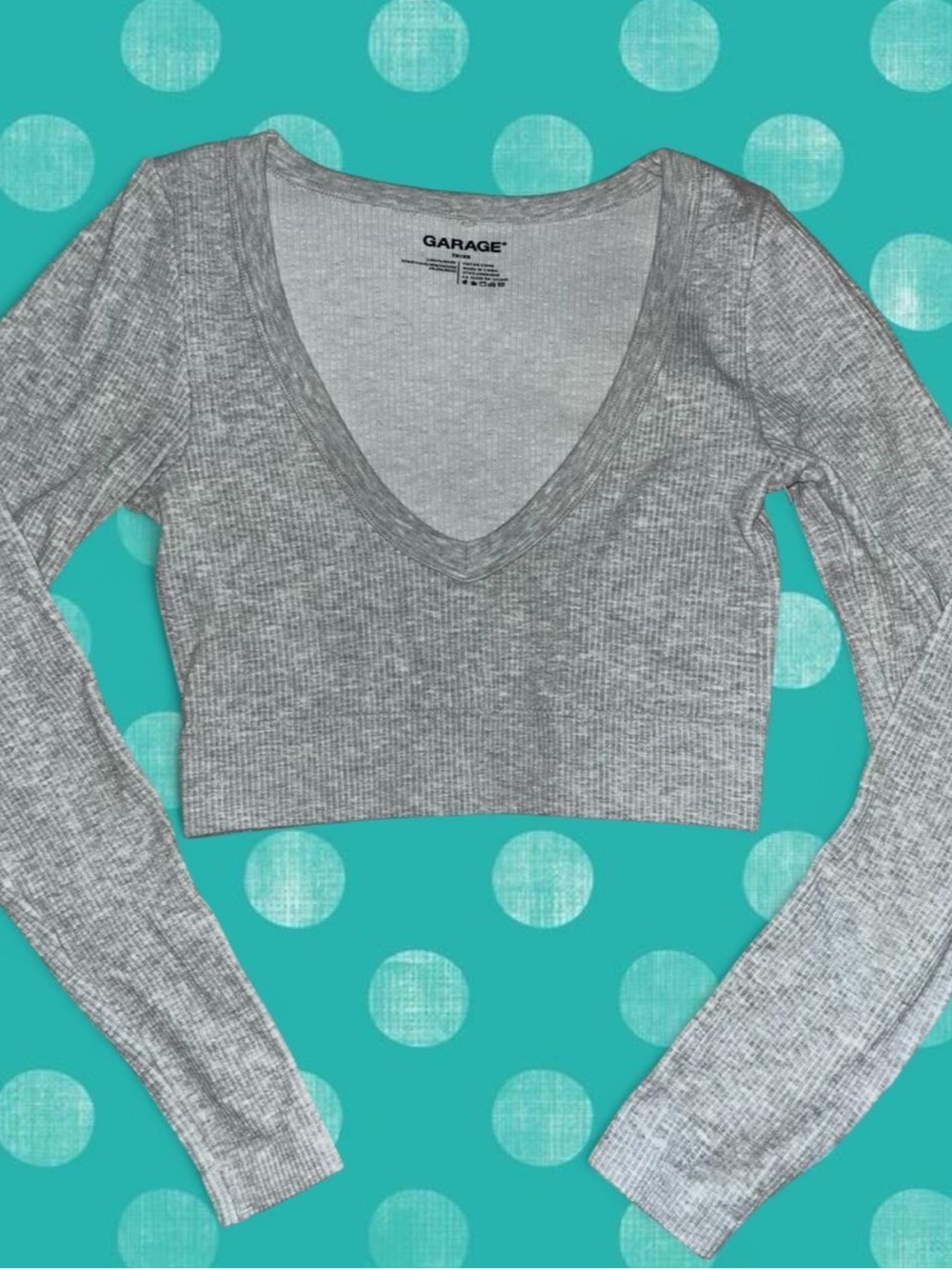 Garage Light Gray Ribbed V-Neck Long Sleeve Crop Top